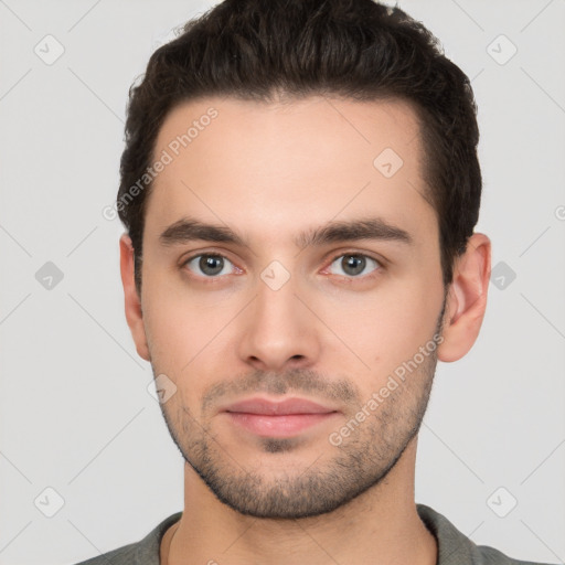 Neutral white young-adult male with short  brown hair and brown eyes