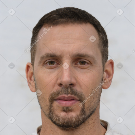 Neutral white adult male with short  brown hair and brown eyes