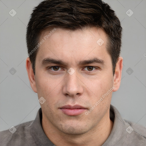 Neutral white young-adult male with short  brown hair and brown eyes