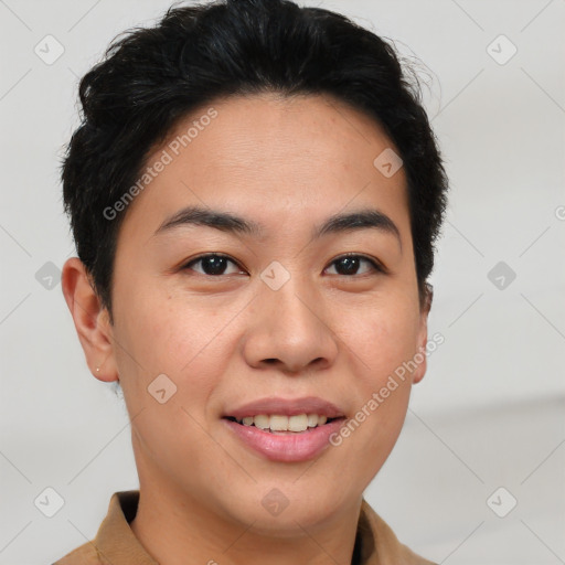 Joyful asian young-adult female with short  brown hair and brown eyes