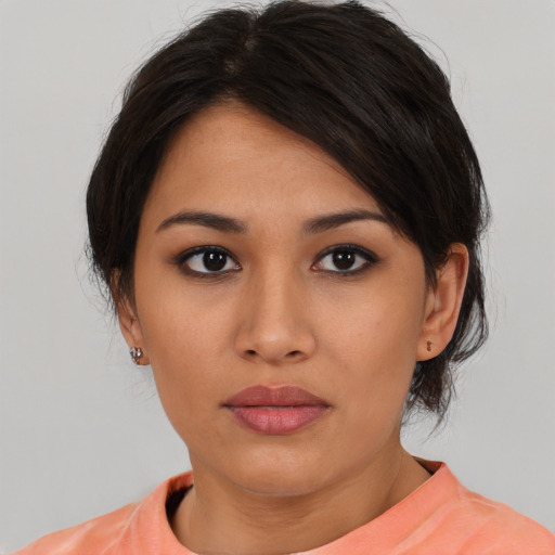 Neutral asian young-adult female with short  brown hair and brown eyes