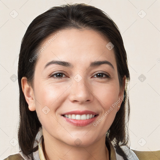 Joyful white young-adult female with medium  brown hair and brown eyes