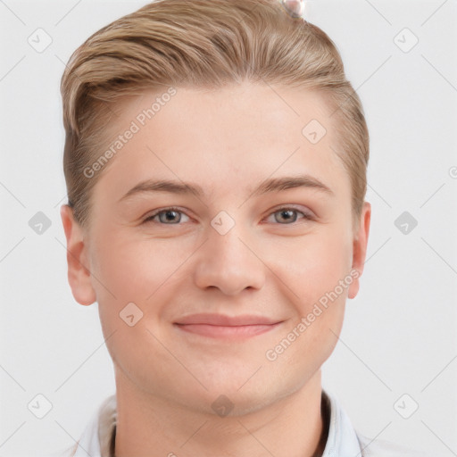 Joyful white young-adult female with short  brown hair and grey eyes