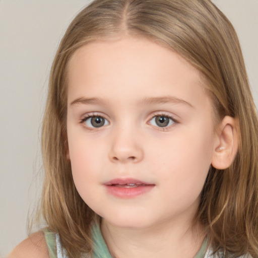 Neutral white child female with medium  brown hair and grey eyes