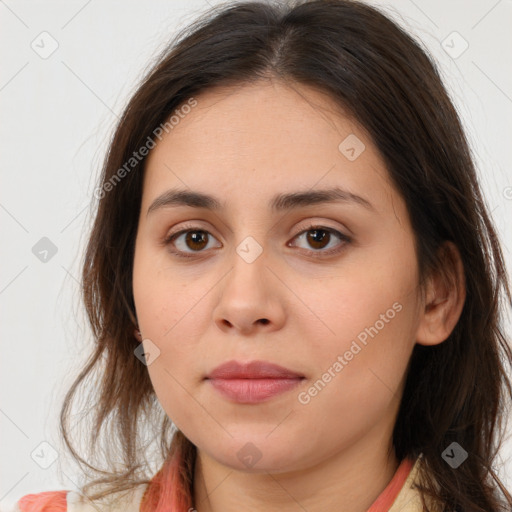 Neutral white young-adult female with long  brown hair and brown eyes