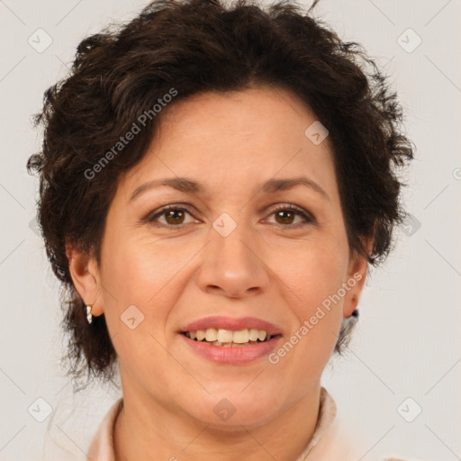 Joyful white adult female with short  brown hair and brown eyes