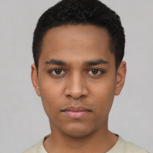Neutral black young-adult male with short  black hair and brown eyes