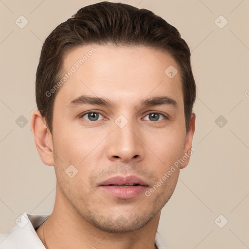 Neutral white young-adult male with short  brown hair and brown eyes