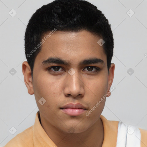 Neutral asian young-adult male with short  black hair and brown eyes