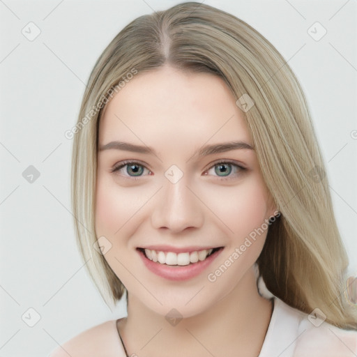 Joyful white young-adult female with medium  brown hair and green eyes