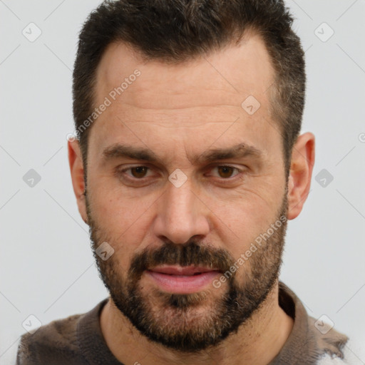 Neutral white adult male with short  brown hair and brown eyes