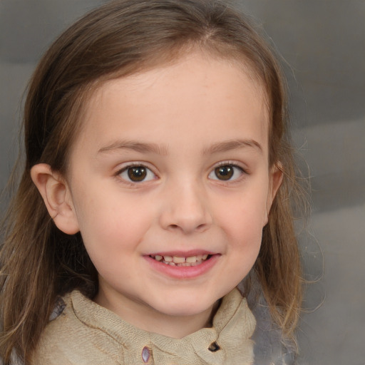 Joyful white child female with medium  brown hair and brown eyes