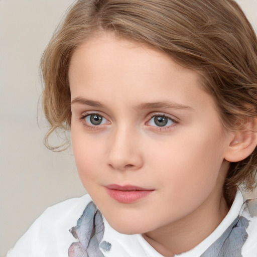 Neutral white child female with medium  brown hair and blue eyes