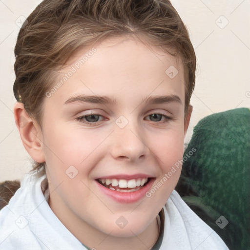 Joyful white child female with short  brown hair and brown eyes