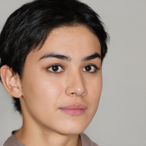 Neutral latino young-adult female with medium  brown hair and brown eyes
