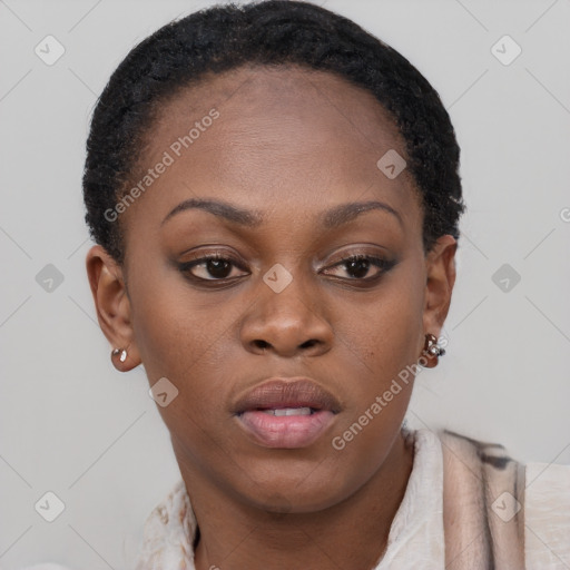 Neutral black young-adult female with short  brown hair and brown eyes