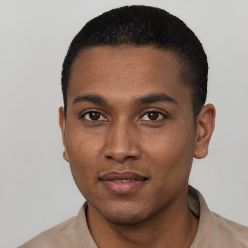 Neutral black young-adult male with short  black hair and brown eyes