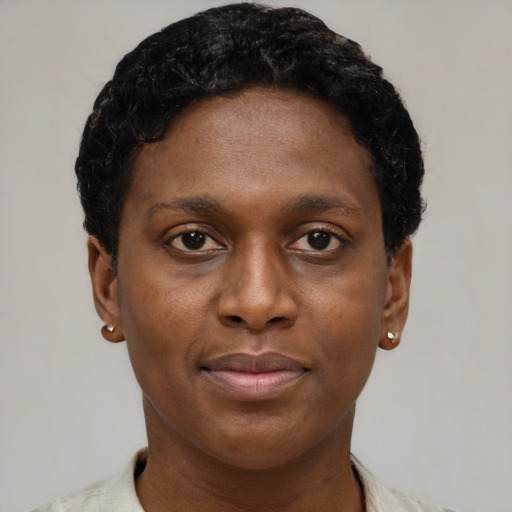 Neutral black young-adult female with short  brown hair and brown eyes