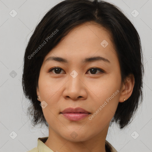 Joyful asian young-adult female with medium  brown hair and brown eyes