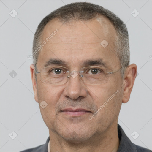 Joyful white middle-aged male with short  brown hair and brown eyes