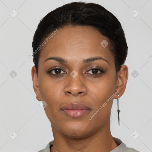 Neutral black young-adult female with short  black hair and brown eyes