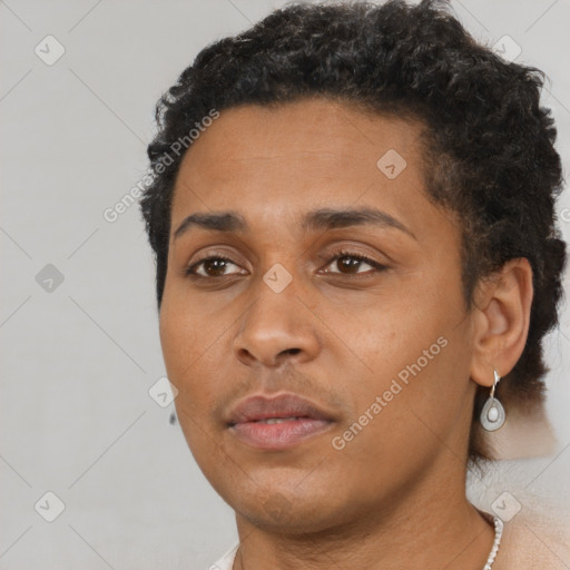 Neutral black young-adult female with short  black hair and brown eyes