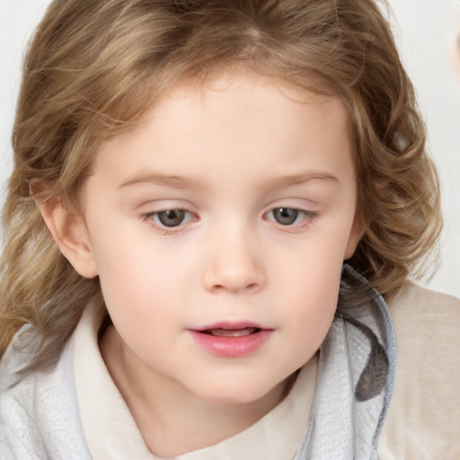 Neutral white child female with medium  brown hair and grey eyes