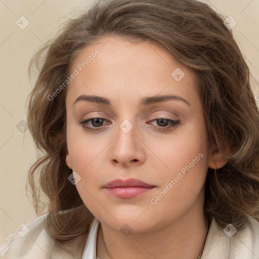 Neutral white young-adult female with medium  brown hair and brown eyes