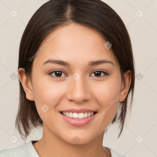 Joyful white young-adult female with medium  brown hair and brown eyes