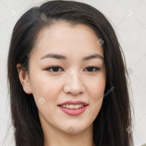 Joyful asian young-adult female with long  brown hair and brown eyes