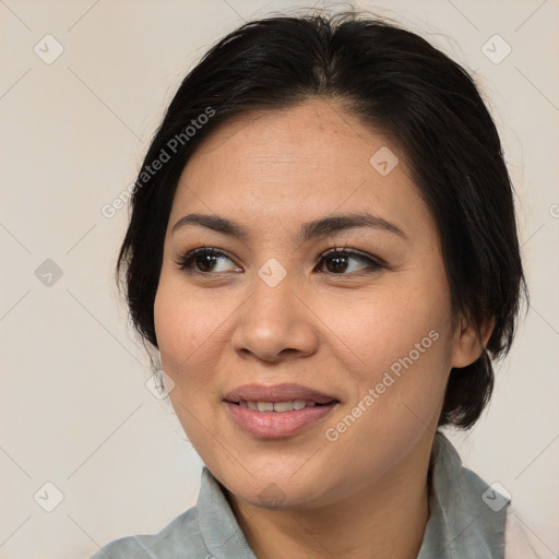 Joyful white young-adult female with medium  brown hair and brown eyes