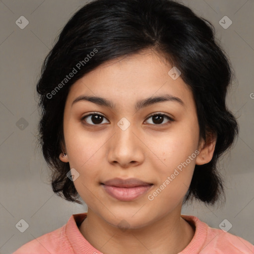 Joyful asian young-adult female with medium  black hair and brown eyes