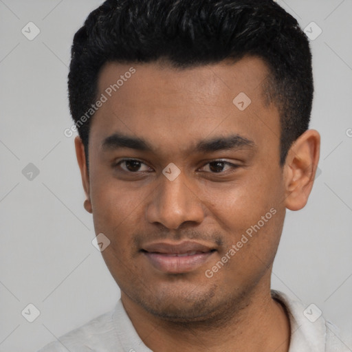 Joyful latino young-adult male with short  black hair and brown eyes