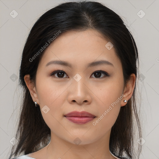 Joyful asian young-adult female with medium  brown hair and brown eyes