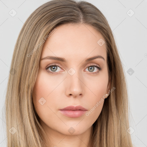 Neutral white young-adult female with long  brown hair and brown eyes