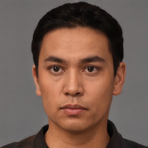 Neutral asian young-adult male with short  black hair and brown eyes
