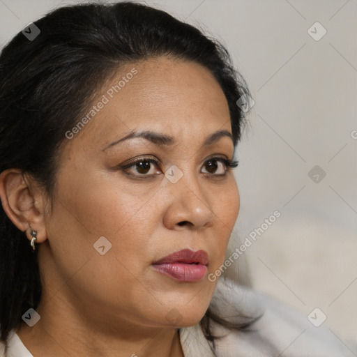 Neutral latino young-adult female with medium  brown hair and brown eyes