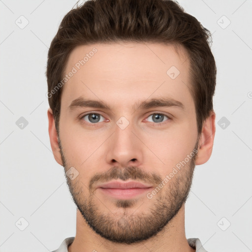 Neutral white young-adult male with short  brown hair and brown eyes