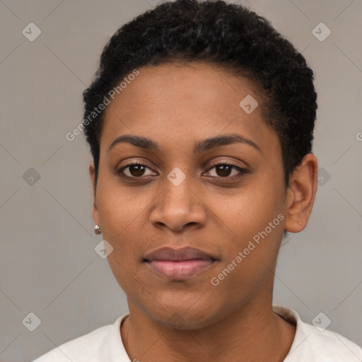 Neutral black young-adult female with short  black hair and brown eyes