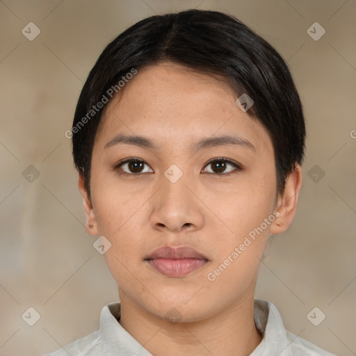 Neutral asian young-adult female with short  brown hair and brown eyes