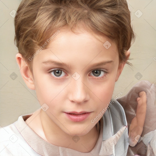 Joyful white child female with short  brown hair and grey eyes