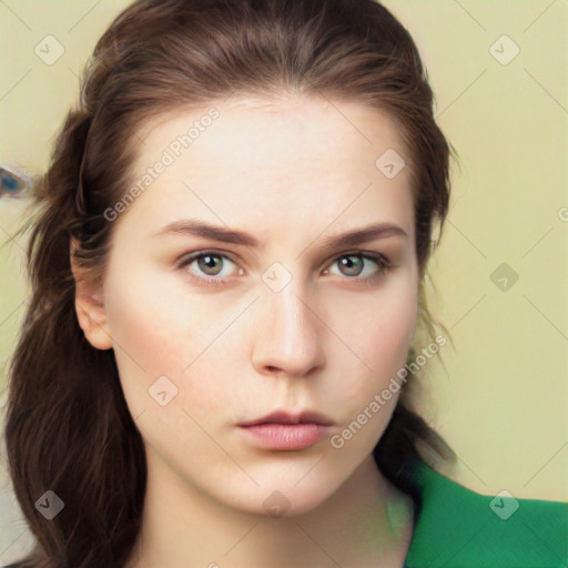 Neutral white young-adult female with long  brown hair and brown eyes