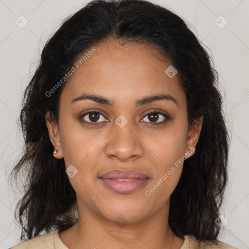 Joyful black young-adult female with medium  brown hair and brown eyes