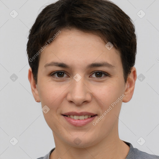 Joyful white young-adult female with short  brown hair and brown eyes