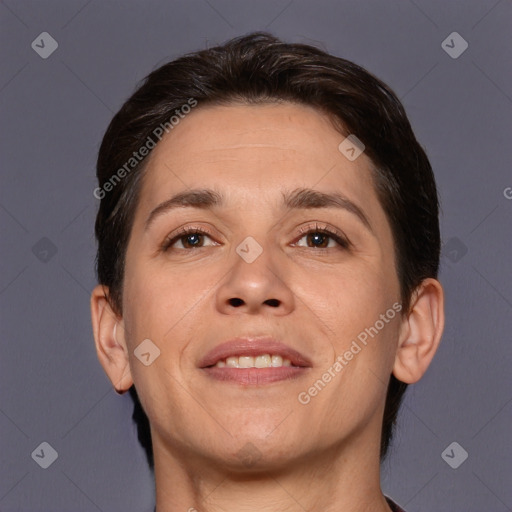 Joyful white adult female with medium  brown hair and brown eyes