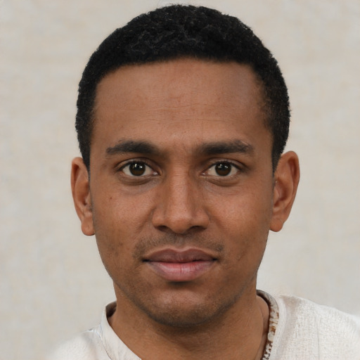 Neutral black young-adult male with short  black hair and brown eyes