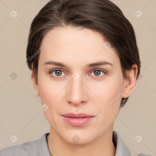 Neutral white young-adult female with short  brown hair and brown eyes