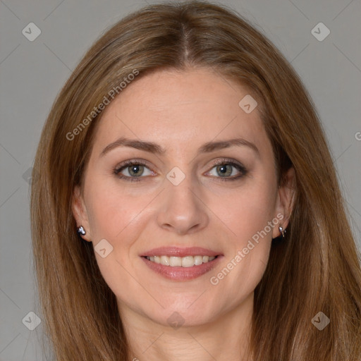 Joyful white young-adult female with long  brown hair and grey eyes