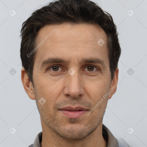 Neutral white adult male with short  brown hair and brown eyes