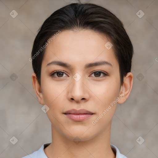 Neutral white young-adult female with short  brown hair and brown eyes